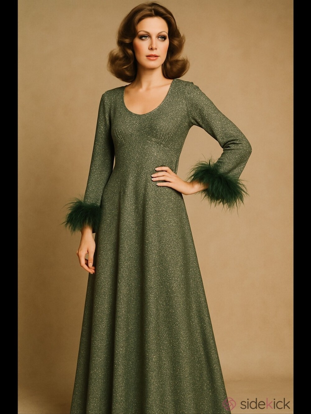 70's Vintage Sparkly Emerald Lurex Empire Waist Maxi Gown With Feather Cuffs